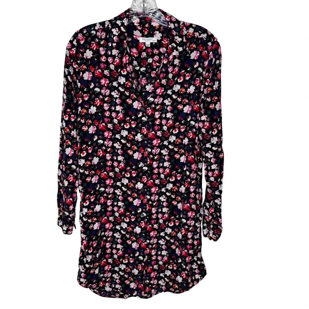 Equipment Femme Floral Viscose Button Down Tunic Shirt Black‎ Pink XS Feminine